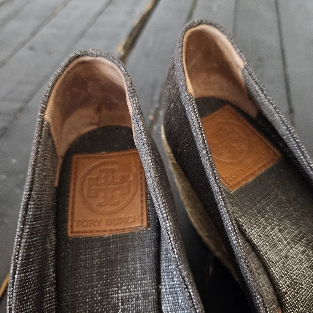 Tory Burch Shimmering Charcoal Grey Espadrille Wedges Peep Toe Heels Women's 7.5
